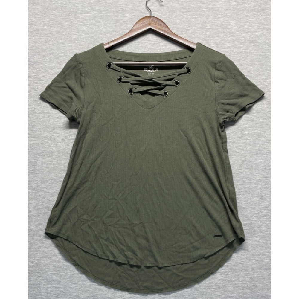 Hollister Ribbed Knit Easy Tee Shirt Womens Small Olive Green Lace Up V Neck